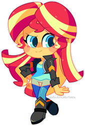 Size: 646x951 | Tagged: safe, artist:riouku, imported from derpibooru, sunset shimmer, equestria girls, chibi, clothes, cute, female, jacket, leather jacket, mini, pants, shimmerbetes, shirt, simple background, smiling, solo, transparent background