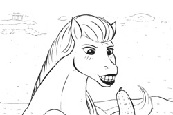 Size: 1200x800 | Tagged: safe, artist:stoopedhooy, deleted from derpibooru, imported from derpibooru, oc, oc only, oc:shakes heartwood, horse, blushing, creepy, creepy smile, cucumber, faic, food, grin, horses doing horse things, lipstick, lying, outdoors, smiling, solo, teeth, vegetables