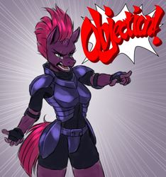 Size: 1053x1124 | Tagged: safe, artist:mykegreywolf, imported from derpibooru, tempest shadow, anthro, unicorn, my little pony: the movie, ace attorney, armor, breasts, broken horn, dialogue, eye scar, female, mare, objection, phoenix wright, reference, scar, solo