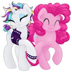 Size: 2000x2000 | Tagged: safe, artist:orcakisses, imported from derpibooru, pinkie pie, rarity, pony, it isn't the mane thing about you, ^^, alternate hairstyle, cute, eyes closed, female, lesbian, mare, poofy pie, punk, raripie, raripunk, shipping, simple background, smiling, transparent background