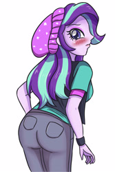 Size: 2362x3543 | Tagged: safe, artist:sumin6301, imported from derpibooru, starlight glimmer, equestria girls, mirror magic, spoiler:eqg specials, ass, beanie, blushing, butt, clothes, female, glimmer glutes, hat, pants, simple background, solo, watch, white background