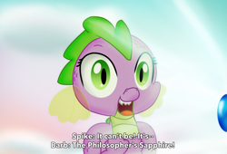 Size: 1785x1214 | Tagged: safe, artist:chiptunebrony, imported from derpibooru, spike, dragon, my little pony: the movie, 2017, barb, fake screencap, floating, gem, philosopher's stone, rule 63, sapphire, smiling, style emulation, subtitles, water sapphire