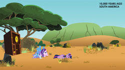 Size: 1280x720 | Tagged: safe, artist:smcho1014, deleted from derpibooru, imported from derpibooru, starlight glimmer, trixie, twilight sparkle, alicorn, pony, unicorn, grassland, ice age, south america, time machine, trio, twilight sparkle (alicorn)