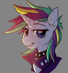 Size: 826x885 | Tagged: safe, artist:redchetgreen, imported from derpibooru, rarity, earth pony, pony, unicorn, it isn't the mane thing about you, alternate hairstyle, backlighting, bust, choker, clothes, ear piercing, earring, female, gray background, jewelry, mare, piercing, portrait, punk, raripunk, simple background, smiling, solo