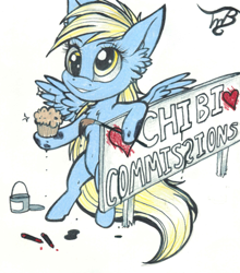 Size: 1024x1162 | Tagged: safe, artist:tillie-tmb, imported from derpibooru, derpy hooves, pony, chibi, female, food, muffin, sign, solo