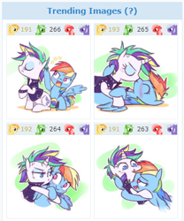 Size: 373x448 | Tagged: safe, artist:raridashdoodles, imported from derpibooru, rainbow dash, rarity, pegasus, pony, unicorn, derpibooru, it isn't the mane thing about you, alternate hairstyle, blushing, clothes, cute, female, holding, jacket, kissing, leather jacket, lesbian, mare, meta, punk, raridash, raripunk, shipping, short hair, simple background, smiling, trending images