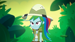 Size: 1366x768 | Tagged: safe, edit, edited screencap, imported from derpibooru, screencap, rainbow dash, eqg summertime shorts, equestria girls, leaping off the page, clothes, hat, lip bite, midriff, pith helmet, short shirt