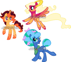 Size: 900x793 | Tagged: safe, artist:sakuyamon, imported from derpibooru, oc, oc only, earth pony, pegasus, pony, unicorn, adoptable, flying, freckles, stripes, watermark