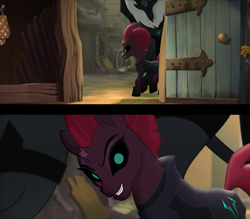 Size: 1920x1680 | Tagged: safe, edit, edited screencap, imported from derpibooru, screencap, capper dapperpaws, tempest shadow, my little pony: the movie, broken horn, close-up, door, eye scar, glowing eyes, grin, hiding, horn, klugetown, scar, silly little ponies, smiling, storm guard