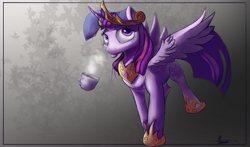 Size: 4000x2350 | Tagged: safe, artist:auroriia, imported from derpibooru, twilight sparkle, alicorn, pony, coffee, cup, drink, female, jewelry, mare, regalia, solo, tongue out, twilight sparkle (alicorn)