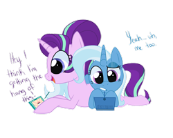 Size: 1024x819 | Tagged: safe, artist:unitress, imported from derpibooru, starlight glimmer, trixie, pony, unicorn, dialogue, duo, lying down, nintendo ds, pokémon, simple background, transparent background, watermark