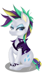 Size: 720x1084 | Tagged: safe, artist:sweetkllrvane, imported from derpibooru, rarity, pony, unicorn, it isn't the mane thing about you, alternate hairstyle, clothes, female, jacket, looking at you, mare, punk, raised hoof, raripunk, short hair, signature, simple background, smiling, solo, transparent background