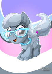 Size: 955x1351 | Tagged: safe, artist:mysticalpha, imported from derpibooru, silver spoon, earth pony, pony, female, filly, glasses, open mouth, smiling, solo