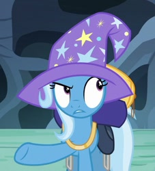 Size: 563x621 | Tagged: safe, imported from derpibooru, screencap, trixie, pony, to where and back again, cropped, eyeroll, female, hat, mare, raised hoof, skeptical, solo, wizard hat