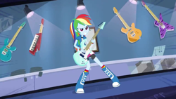 Size: 1280x720 | Tagged: safe, imported from derpibooru, screencap, rainbow dash, equestria girls, guitar centered, amplifier, electric guitar, female, guitar, keytar, musical instrument, solo