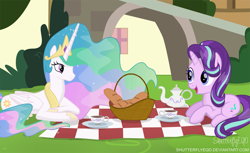 Size: 3241x1979 | Tagged: safe, artist:shutterflyeqd, imported from derpibooru, princess celestia, starlight glimmer, alicorn, pony, unicorn, basket, beautiful, bread, conversation, crown, cup, cute, cutie mark, duo, ethereal mane, female, flowing mane, folded wings, food, glimmerbetes, grass, jewelry, looking at each other, mare, multicolored mane, multicolored tail, picnic, picnic basket, picnic blanket, prone, purple eyes, regalia, royalty, smiling, tea, teacup, teapot, tiara