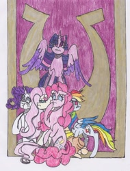 Size: 2120x2793 | Tagged: safe, artist:draw1709, imported from derpibooru, applejack, fluttershy, pinkie pie, rainbow dash, rarity, twilight sparkle, alicorn, pony, fame and misfortune, crying, high res, mane six, traditional art, twilight sparkle (alicorn)