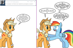 Size: 1204x800 | Tagged: safe, artist:dekomaru, imported from derpibooru, applejack, rainbow dash, pony, tumblr:ask twixie, appledash, ask, female, lesbian, panic, shipping, tumblr