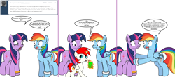 Size: 1808x800 | Tagged: safe, artist:dekomaru, imported from derpibooru, rainbow dash, twilight sparkle, oc, oc:mars, alicorn, pony, tumblr:ask twixie, ask, colt, female, implied appledash, implied lesbian, implied pregnancy, implied shipping, juice, juice box, lesbian, male, panic, shipping, tumblr, twidash