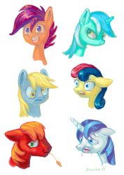 Size: 600x849 | Tagged: safe, artist:drawirm, imported from derpibooru, big macintosh, bon bon, derpy hooves, lyra heartstrings, scootaloo, shining armor, sweetie drops, earth pony, pegasus, pony, unicorn, blushing, bust, colored pupils, crying, floppy ears, grin, happy, portrait, sad, simple background, smiling, white background