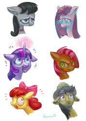 Size: 600x849 | Tagged: safe, artist:drawirm, imported from derpibooru, apple bloom, babs seed, daring do, octavia melody, pinkie pie, twilight sparkle