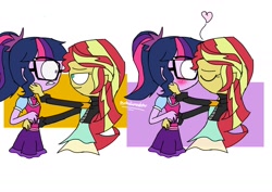 Size: 1414x1000 | Tagged: safe, artist:psychodiamondstar, imported from derpibooru, sci-twi, sunset shimmer, twilight sparkle, human, equestria girls, bedroom eyes, blushing, bowtie, clothes, eyes closed, female, glasses, heart, jacket, kissing, leather jacket, lesbian, scitwishimmer, shipping, simple background, sunsetsparkle, surprise kiss, white background