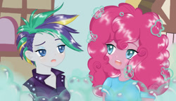 Size: 790x456 | Tagged: safe, artist:nevera573, imported from derpibooru, pinkie pie, rarity, equestria girls, it isn't the mane thing about you, alternate hairstyle, beautiful, bubble, clothes, duo, duo female, equestria girls interpretation, female, open mouth, poofy pie, punk, raised eyebrow, raripunk, scene interpretation, shampoo, short hair