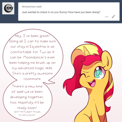 Size: 1300x1300 | Tagged: safe, artist:little-tweenframes, deleted from derpibooru, imported from derpibooru, sunset shimmer, pony, unicorn, series:sciset diary, cute, dialogue, female, mare, one eye closed, shimmerbetes, simple background, solo, speech bubble, tumblr, white background, wink