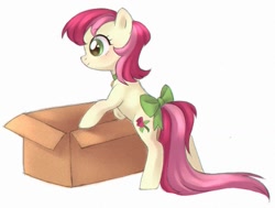 Size: 940x711 | Tagged: safe, artist:viki-niki, imported from derpibooru, roseluck, earth pony, pony, bow, box, collar, commissioner:doom9454, cute, female, mare, pony pet, rosepet, simple background, solo, tail bow, traditional art, white background