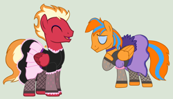 Size: 3204x1828 | Tagged: safe, artist:peregrinstaraptor, imported from derpibooru, oc, oc only, oc:cold front, oc:sunfyre, pegasus, pony, clothes, crossdressing, dress, eyeshadow, fishnets, makeup, male, saloon dress, simple background, smiling, stallion