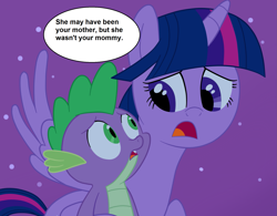 Size: 1961x1531 | Tagged: safe, artist:eagc7, imported from derpibooru, spike, twilight sparkle, alicorn, dragon, female, flying, guardians of the galaxy, guardians of the galaxy vol. 2, heartwarming, looking at each other, male, mare, marvel, marvel cinematic universe, mother, mother and son, night, parody, spoilers for another series, stars, twilight sparkle (alicorn)