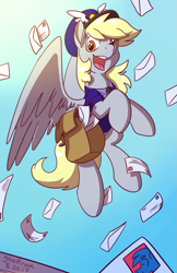 Size: 647x1000 | Tagged: safe, artist:goat train, imported from derpibooru, derpy hooves, pegasus, pony, clothes, cute, derpabetes, female, mail, mare, open mouth, saddle bag, smiling, solo