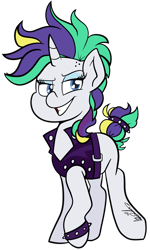 Size: 2665x4439 | Tagged: safe, artist:befishproductions, imported from derpibooru, rarity, unicorn, it isn't the mane thing about you, alternate hairstyle, clothes, female, mare, punk, raripunk, signature, simple background, smiling, solo, transparent background