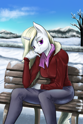 Size: 1200x1800 | Tagged: safe, artist:d-lowell, imported from derpibooru, oc, oc only, oc:winthria siriusa, anthro, unicorn, anthro oc, bench, blonde, blonde hair, blonde mane, clothes, coat, commission, female, headtilt, looking at you, mare, mountain, outdoors, pants, purple, resting, scarf, sitting, sky, smiling, smirk, snow, sweater, tree, white coat, winter, wintherai, yoga pants