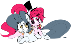 Size: 1129x696 | Tagged: safe, artist:hattsy, imported from derpibooru, oc, oc only, oc:hattsy, oc:marshmallow, earth pony, pony, eye contact, female, hat, looking at each other, mare, prone, smiling, tongue out, top hat