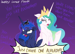 Size: 4823x3445 | Tagged: safe, artist:darkest-lunar-flower, imported from derpibooru, princess celestia, princess luna, alicorn, pony, chest fluff, dialogue, duo, female, floppy ears, gradient background, mare, offscreen character, sisters, underhoof