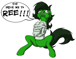 Size: 900x699 | Tagged: safe, artist:ravvij, imported from derpibooru, oc, oc only, oc:anon, oc:filly anon, earth pony, pony, bondage, cheek fluff, derp, female, filly, floppy ears, frown, funny, green, mare, meme, open mouth, reeee, screaming, screech, simple background, sitting, solo, speech bubble, straitjacket, white background, wide eyes, yelling