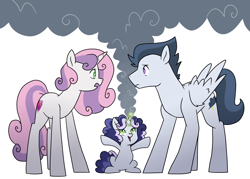 Size: 2522x1805 | Tagged: safe, artist:theroyalartofna, imported from derpibooru, rumble, sweetie belle, oc, oc:stormy, pegasus, pony, unicorn, family, female, filly, male, mare, offspring, older, parent:rumble, parent:sweetie belle, parents:rumbelle, rumbelle, shipping, simple background, smoke, stallion, straight, trio, white background