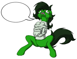 Size: 900x699 | Tagged: safe, artist:ravvij, imported from derpibooru, oc, oc only, oc:filly anon, pony, bondage, cheek fluff, female, filly, funny, green, mane, mare, meme, screaming, simple background, solo, straitjacket, tail, white background, wordbubble, yelling