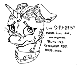 Size: 1033x877 | Tagged: safe, artist:geomancing, imported from derpibooru, oc, oc only, oc:sidotsy, pony, robot, robot pony, bust, floppy ears, frown, monochrome, portrait, sick, solo