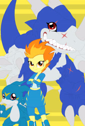 Size: 2211x3271 | Tagged: safe, artist:pyrus-leonidas, imported from derpibooru, spitfire, veedramon, veemon, equestria girls, crossed arms, crossover, digidestined, digimon, female, male, simple background, yellow background