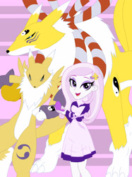 Size: 2437x3263 | Tagged: safe, artist:pyrus-leonidas, imported from derpibooru, fleur-de-lis, anthro, fox, kyuubimon, renamon, equestria girls, crossover, digidestined, digimon, female, pink background, simple background, yin-yang