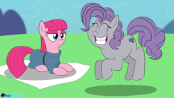 Size: 2560x1440 | Tagged: safe, artist:rupertbluefox, imported from derpibooru, maud pie, pinkie pie, earth pony, pony, series:30 dayz of pinks, alternate hairstyle, eyes closed, female, happy, mare, maudie pie, palette swap, personality swap, pinkamena diane pie, prone, pronking, recolor