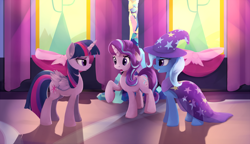 Size: 1980x1138 | Tagged: safe, artist:scootiebloom, imported from derpibooru, starlight glimmer, trixie, twilight sparkle, alicorn, pony, unicorn, no second prances, counterparts, female, magical trio, mare, raised hoof, scene interpretation, trio, twilight sparkle (alicorn), twilight's counterparts