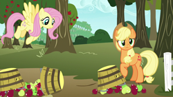 Size: 1280x720 | Tagged: safe, imported from derpibooru, screencap, applejack, fluttershy, pony, not asking for trouble, apple, basket, food, sweet apple acres