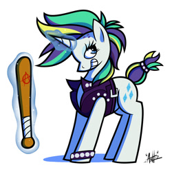 Size: 2000x2000 | Tagged: safe, artist:sirscribble1, imported from derpibooru, rarity, unicorn, it isn't the mane thing about you, alternate hairstyle, baseball bat, female, glowing horn, levitation, lidded eyes, magic, mare, punk, raripunk, smiling, solo, telekinesis