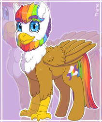 Size: 821x973 | Tagged: safe, artist:anonymous-potayto, imported from derpibooru, oc, oc only, oc:thane, classical hippogriff, hippogriff, beard, facial hair, interspecies offspring, magical lesbian spawn, male, offspring, parent:gilda, parent:rainbow dash, parents:gildash, solo