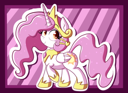 Size: 1280x938 | Tagged: safe, artist:quarium, imported from derpibooru, princess celestia, alicorn, pony, ask princess moe-lestia, abstract background, cewestia, female, filly, hair accessory, jewelry, pink-mane celestia, raised hoof, regalia, smiling, solo, younger