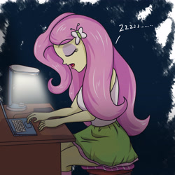 Size: 3543x3543 | Tagged: safe, artist:sumin6301, imported from derpibooru, fluttershy, equestria girls, clothes, computer, eyes closed, female, lamp, laptop computer, open mouth, sitting, skirt, sleeping, solo, story in the comments, tanktop, zzz