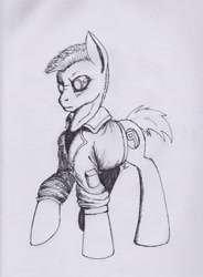 Size: 1643x2227 | Tagged: safe, artist:scribblepwn3, imported from derpibooru, cyborg, earth pony, pony, batou, crossover, cyberpunk, ghost in the shell, ink, monochrome, solo, traditional art